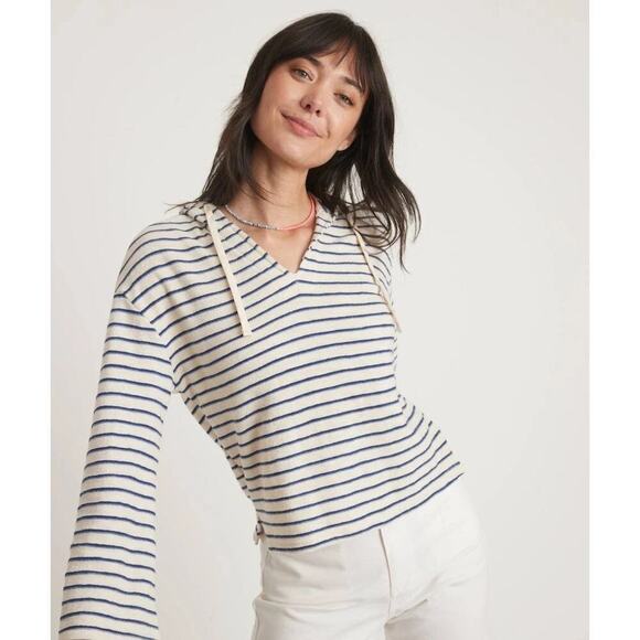 Marine Layer Playa Hoodie V-Neck 3/4 Sleeve Cropped Navy Cream Stripe NWT Small - Picture 1 of 9